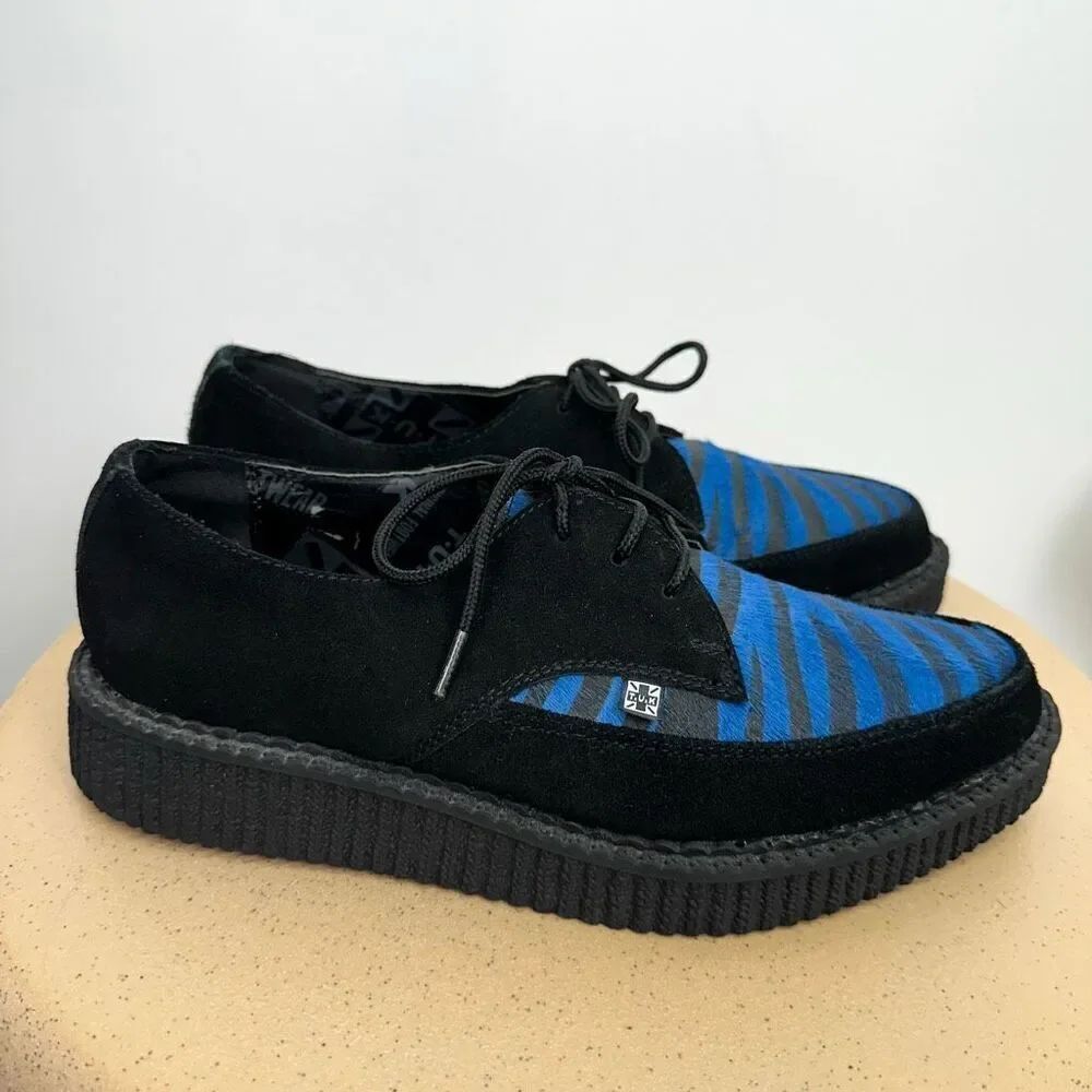 TUK Unisex Black Blue Zebra Print Suede Leather Almond Toe Lace Up Platform Cree